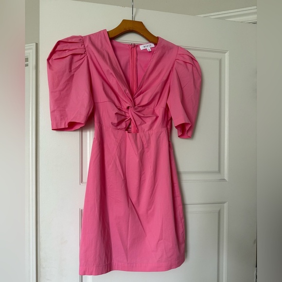 Ganni Pink Puff Sleeve Mini Dress V-Neck - Picture 1 of 3